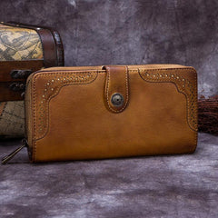 Brown Vintage womens Leather Bifold Wallet Purple Phone Wallet Red Zipper Wallet for Ladies