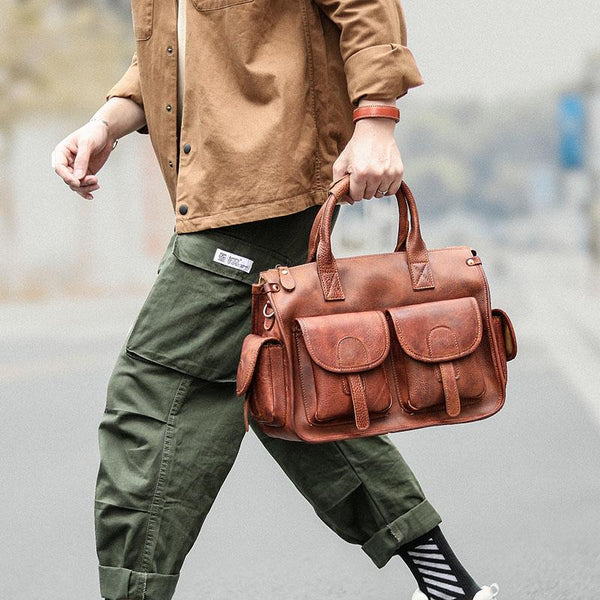 Vintage Light Brown Mens Leather Briefcase Work - Back View