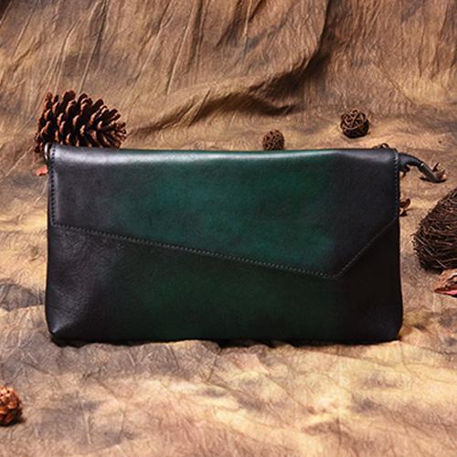 Green Vintage Leather Long Wallet Womens With Strap Red Folded Clutch Wallet Purse for Ladies