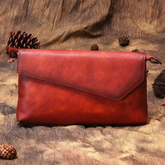 Brown Vintage Leather Long Wallet Womens With Strap Red Folded Clutch Wallet Purse for Ladies