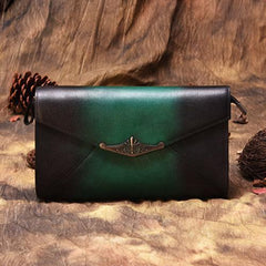 Vintage Black Leather Wallet Womens Clutch Wallet With Strap Purse Green Shoulder Bag