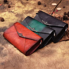 Vintage Red Leather Wallet Womens Side Bag Clutch Wallet Purse Green Shoulder Bag