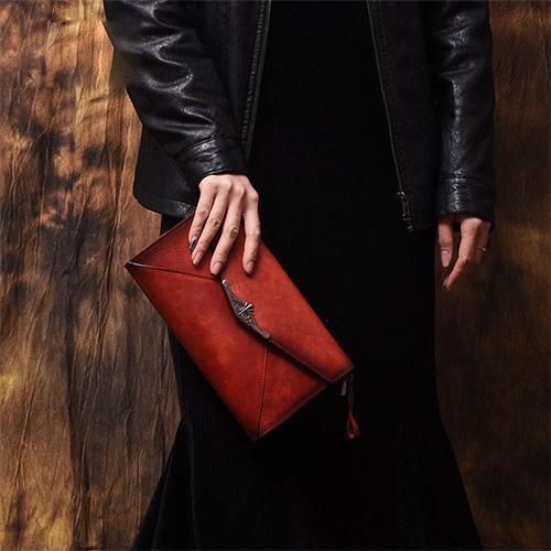 Vintage Red Leather Wallet Womens Side Bag Clutch Wallet Purse Green Shoulder Bag