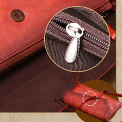 Brown Vintage Leather Long Wallet Womens With Strap Red Folded Clutch Wallet Purse for Ladies