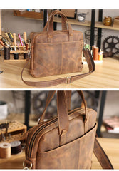 Vintage Maroon Mens Leather Briefcase Work Handbag Brown 14'' Laptop Briefcases For Men
