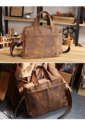 Vintage Maroon Mens Leather Briefcase Work Handbag Brown 14'' Laptop Briefcases For Men