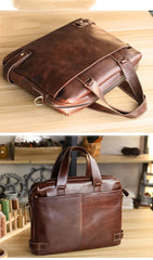 Vintage Maroon Mens Leather Briefcase Work Handbag Brown 14'' Laptop Briefcases For Men