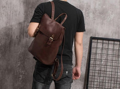 Vintage Mens Coffee Leather Backpack Travel Backpack Leather Hiking Backpack for Men