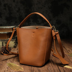 Brown Leather Bucket Shoulder Bag Bucket Handbag White Cross Body Barrel Bag for Ladies