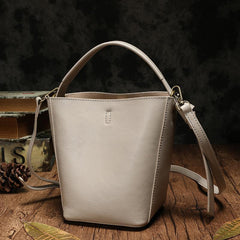 Brown Leather Bucket Shoulder Bag Bucket Handbag White Cross Body Barrel Bag for Ladies