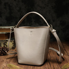 Brown Leather Bucket Shoulder Bag Bucket Handbag White Cross Body Barrel Bag for Ladies