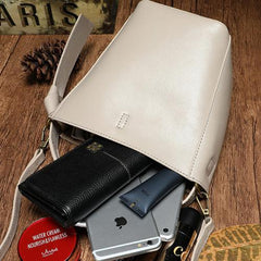 Brown Leather Bucket Shoulder Bag Bucket Handbag White Cross Body Barrel Bag for Ladies