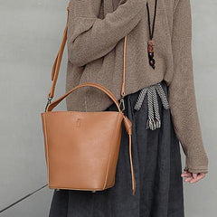 Brown Leather Bucket Shoulder Bag Bucket Handbag White Cross Body Barrel Bag for Ladies
