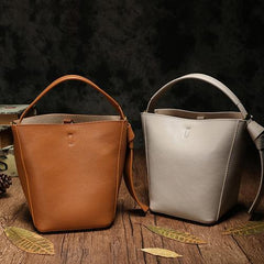 Brown Leather Bucket Shoulder Bag Bucket Handbag White Cross Body Barrel Bag for Ladies