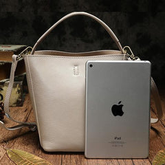 Brown Leather Bucket Shoulder Bag Bucket Handbag White Cross Body Barrel Bag for Ladies