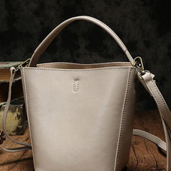 Brown Leather Bucket Shoulder Bag Bucket Handbag White Cross Body Barrel Bag for Ladies