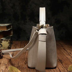 Brown Leather Bucket Shoulder Bag Bucket Handbag White Cross Body Barrel Bag for Ladies