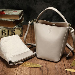 Brown Leather Bucket Shoulder Bag Bucket Handbag White Cross Body Barrel Bag for Ladies