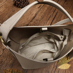Brown Leather Bucket Shoulder Bag Bucket Handbag White Cross Body Barrel Bag for Ladies
