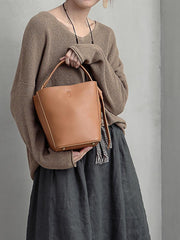 Brown Leather Bucket Shoulder Bag Bucket Handbag White Cross Body Barrel Bag for Ladies