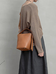 Brown Leather Bucket Shoulder Bag Bucket Handbag White Cross Body Barrel Bag for Ladies