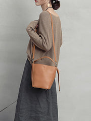 Brown Leather Bucket Shoulder Bag Bucket Handbag White Cross Body Barrel Bag for Ladies