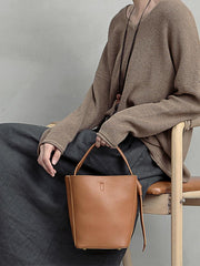 Brown Leather Bucket Shoulder Bag Bucket Handbag White Cross Body Barrel Bag for Ladies