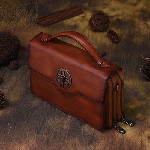 Vintage Womens Brown Leather Satchel Crossbody Bag Small Vintage Style Shoulder Bags for Ladies