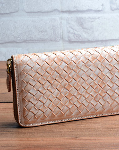 Handmade braided beige leather long wallet purse clutch Zipper men women - EverHandmade