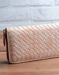 Handmade braided beige leather long wallet purse clutch Zipper men women - EverHandmade