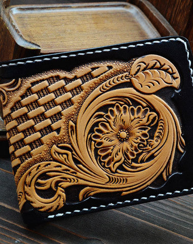 Handmade vintage black yellow leather floral billfold wallet purse tooled for men - EverHandmade