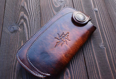 Handmade vintage dark brown leather biker wallet bifold long wallet purse clutch for men