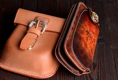 Handmade vintage dark brown leather biker wallet bifold long wallet purse clutch for men