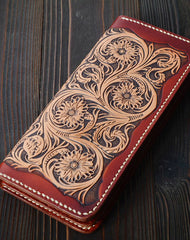 Handmade vintage black brown floral leather long wallet purse clutch for men - EverHandmade