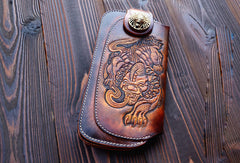 Handmade dark brown vintage leather biker wallet  bifold long wallet purse clutch for men - EverHandmade
