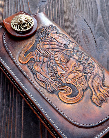 Handmade dark brown vintage leather biker wallet  bifold long wallet purse clutch for men - EverHandmade