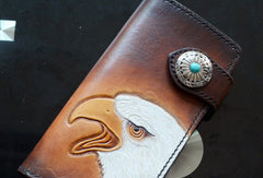 Handmade dark brown black eagle carved leather biker wallet bifold  phone long wallet purse clutch for men