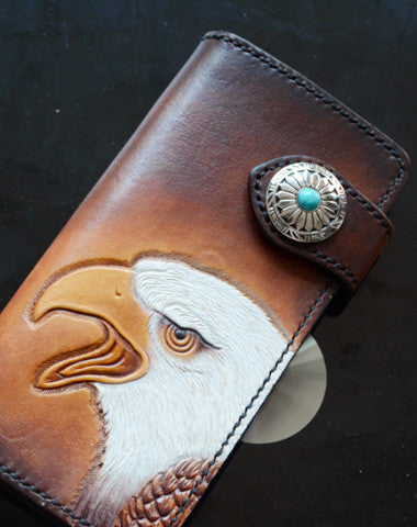 Handmade dark brown black eagle carved leather biker wallet bifold  phone long wallet purse clutch for men - EverHandmade