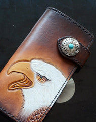 Handmade dark brown black eagle carved leather biker wallet bifold  phone long wallet purse clutch for men - EverHandmade