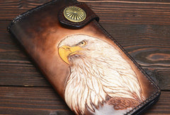 Handmade eagle dark brown black carved leather biker wallet bifold phone long wallet purse clutch for men