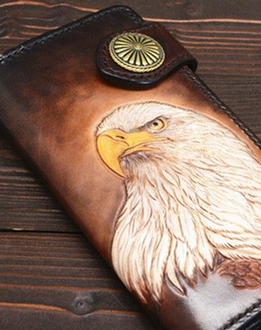 Handmade eagle dark brown black carved leather biker wallet bifold phone long wallet purse clutch for men