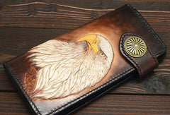 Handmade eagle dark brown black carved leather biker wallet bifold phone long wallet purse clutch for men