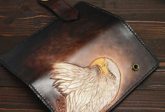 Handmade eagle dark brown black carved leather biker wallet bifold phone long wallet purse clutch for men