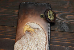 Handmade eagle dark brown black carved leather biker wallet bifold phone long wallet purse clutch for men