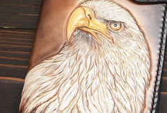 Handmade eagle dark brown black carved leather biker wallet bifold phone long wallet purse clutch for men