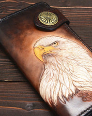 Handmade eagle dark brown black carved leather biker wallet bifold phone long wallet purse clutch for men