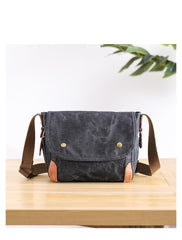 Wax Canvas Leather Mens Dark Gray Small Side Bag Courier Bag Khaki Messenger Bag for Men