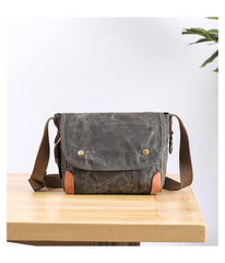 Wax Canvas Leather Mens Dark Gray Small Side Bag Courier Bag Khaki Messenger Bag for Men