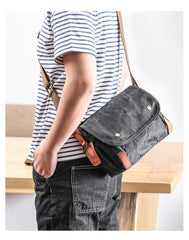 Wax Canvas Leather Mens Dark Gray Small Side Bag Courier Bag Khaki Messenger Bag for Men