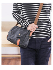 Wax Canvas Leather Mens Dark Gray Small Side Bag Courier Bag Khaki Messenger Bag for Men